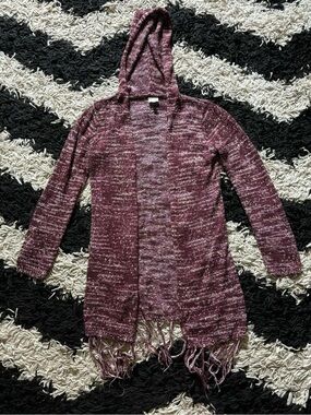 Mudd Burgundy Knit Y2K Hooded Long Sleeve Fringe Open Cardigan Junior’s 10